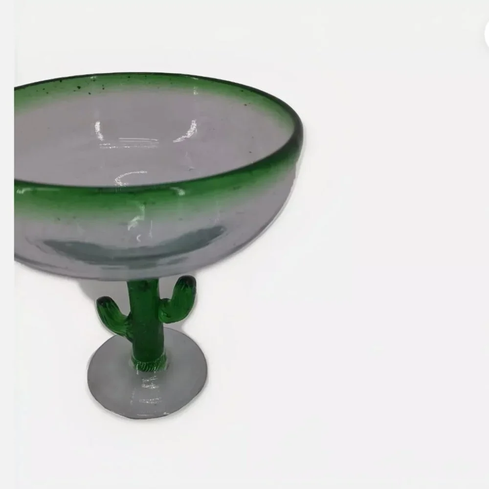 Handblown Mexican Margarita Green Rim Bubble Glass Cactus Stem